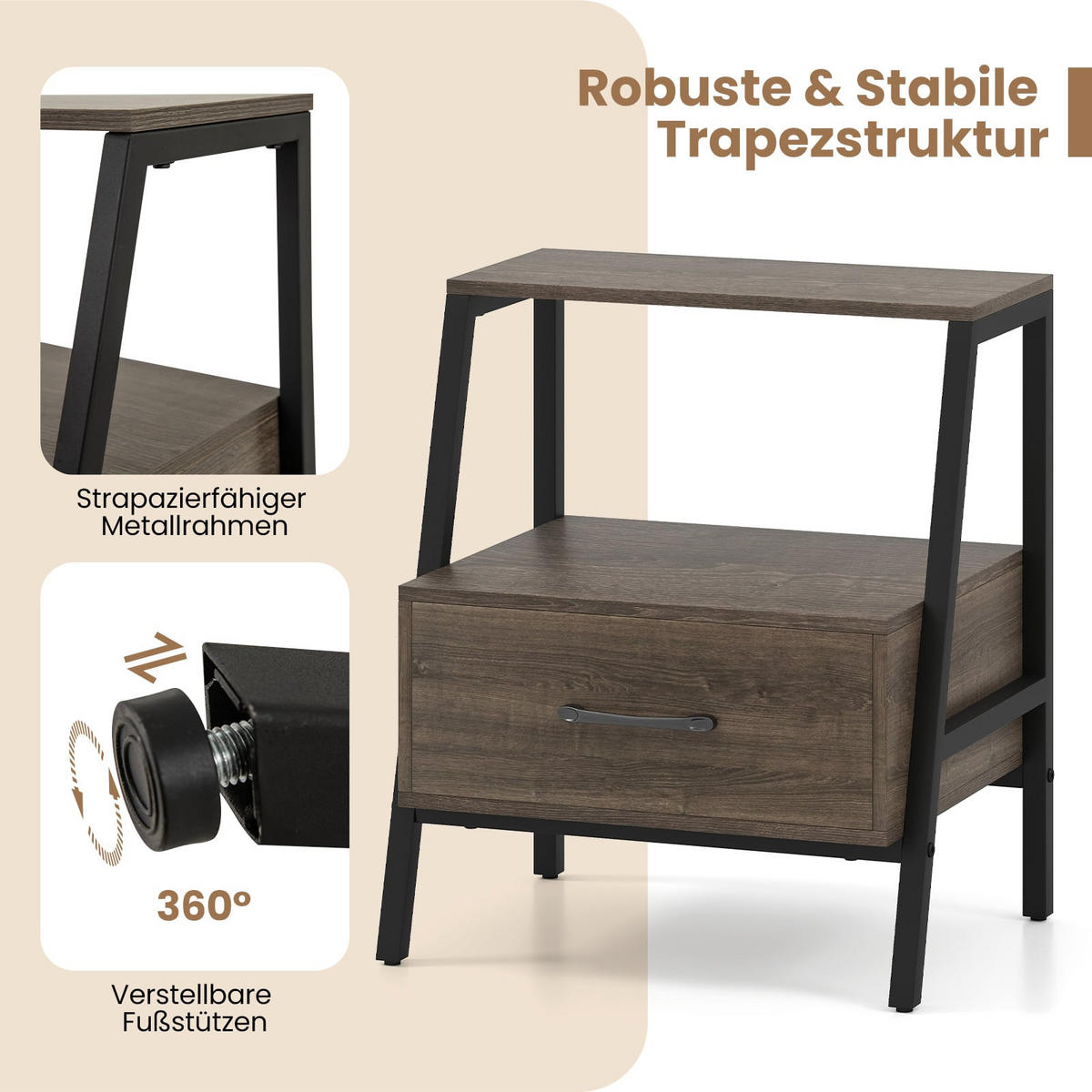 NACHTTISCH mit Schublade, offenes Regal und Metallrahmen, 45 x 35 x 52,5 cm - Grau, Holzwerkstoff (45/52.5/35cm) - DESIGN IN