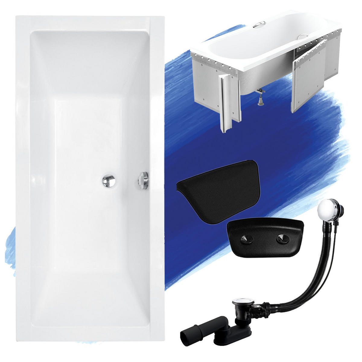 BADEWANNE Rechteck QUADRO 165/75 + Styro + Kopfstütze Ablauf Füße - Weiß, Kunststoff (75/55.5/160cm) - bad land