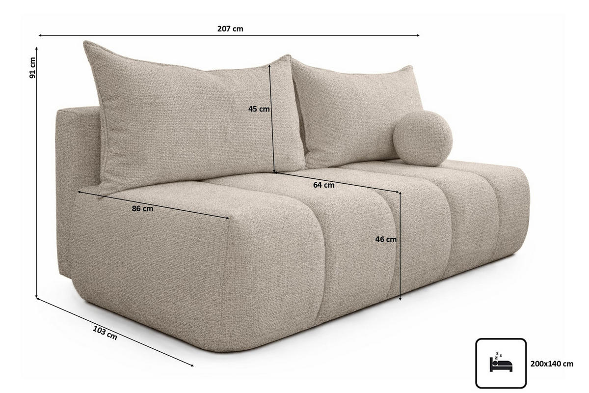 SOFA Mit Schlaffunktion Und Bettkasten, Chenille-Stoff Flow, Beige, PIANO - Beige, Holz (207/91/103cm) - Kaiser Möbel