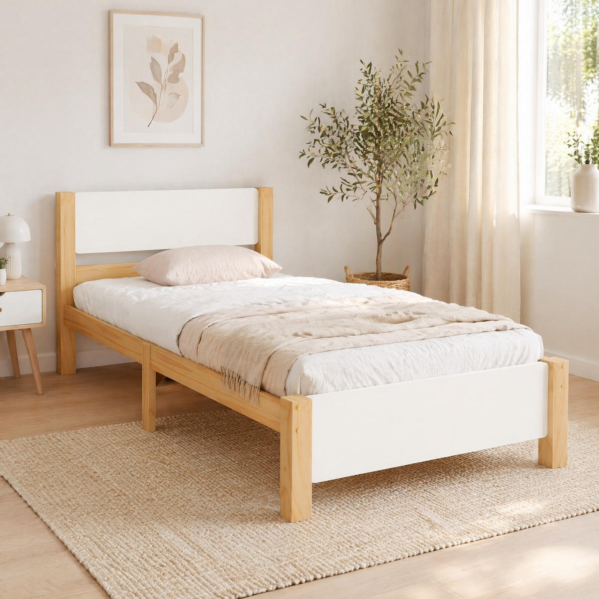 JUGENDBETT 90/200 mit Kopf- und Fußteil in Weiß und Natur - Weiß/Naturfarben, Holzwerkstoff (90/200cm) - EVRYAE