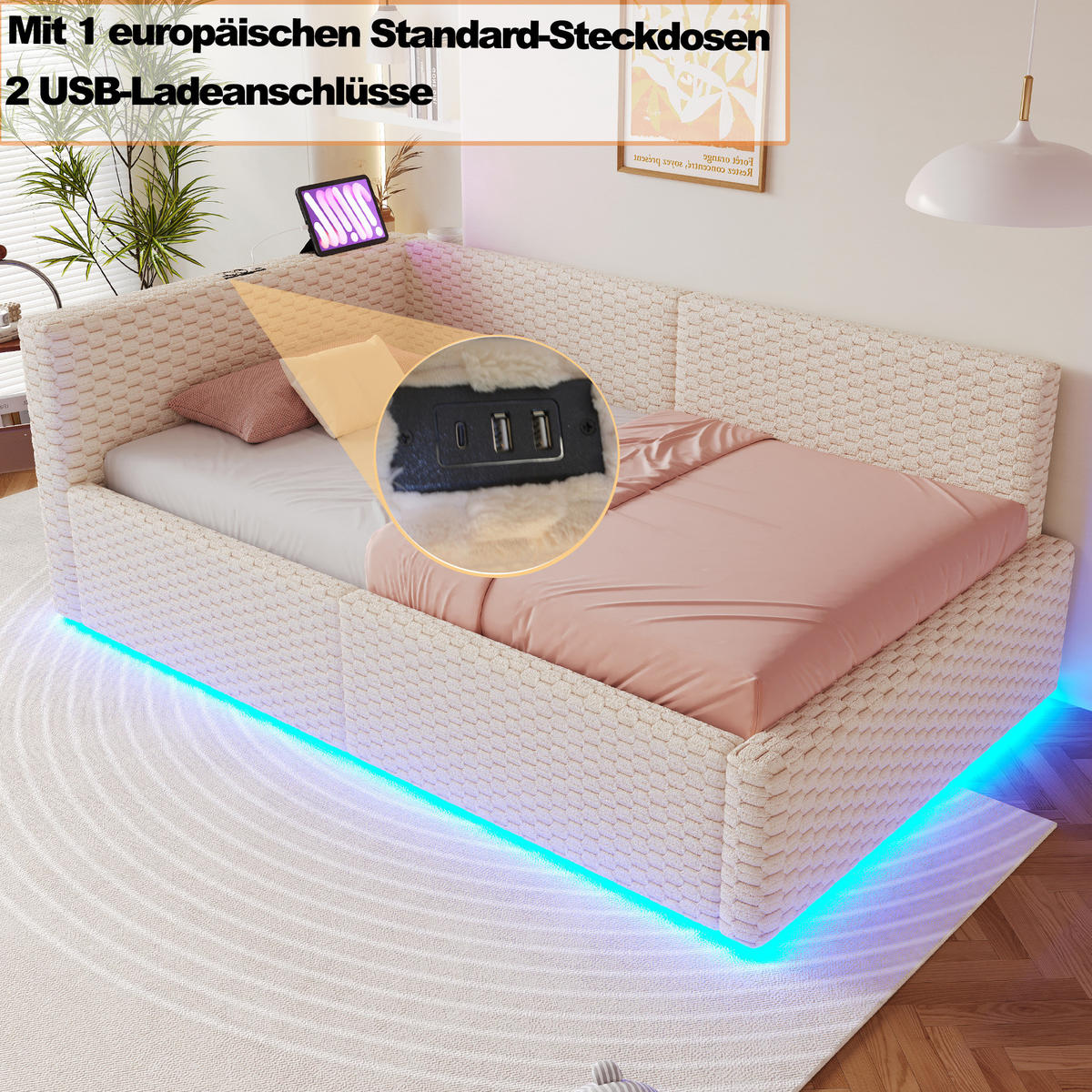 POLSTERBETT 90/200 cm aus Samt mit LED-Beleuchtung, Beige - Beige, Textil (90/200cm) - OKMYHOME
