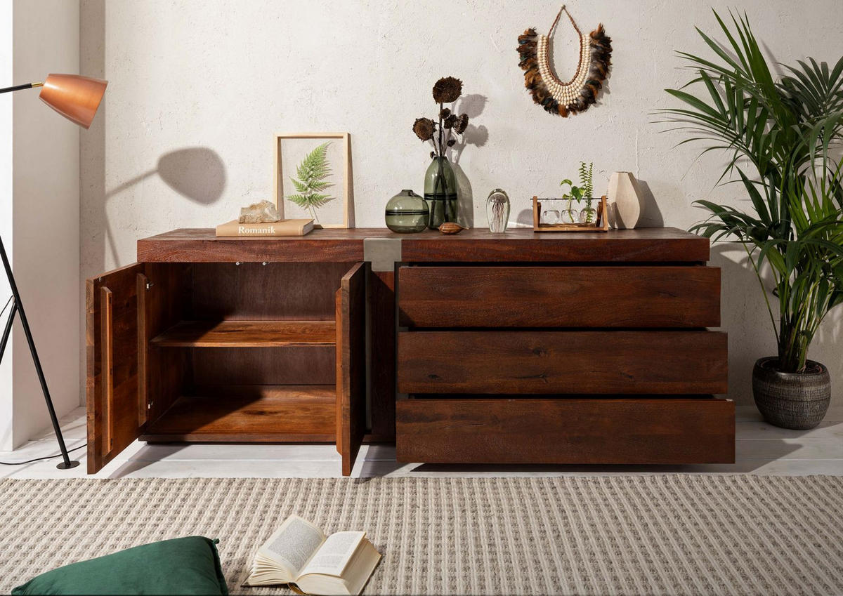 SIDEBOARD Mango 200x45x75 braun lackiert Amsterdam #30 - Braun, Holz (200/75/45cm) - Massivmoebel24