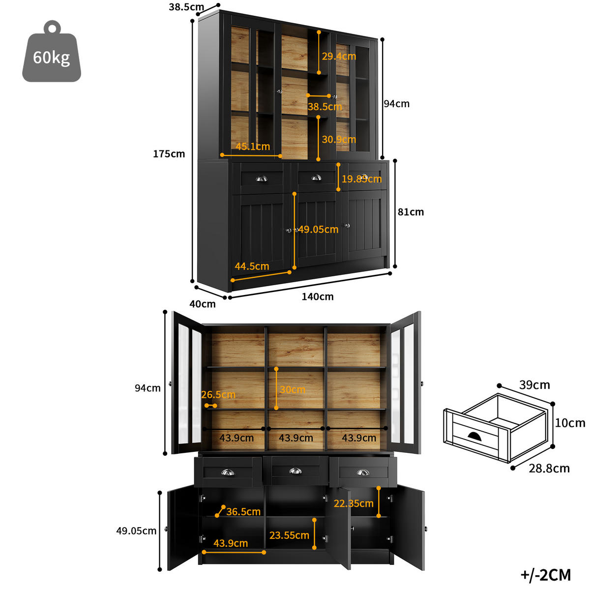 MODERNER Hochschrank mit Acryl-Türen und verstellbaren Böden, 140/38,5/175 cm, Schwarz - Schwarz, Holzwerkstoff (140/175/38.5cm) - Redom