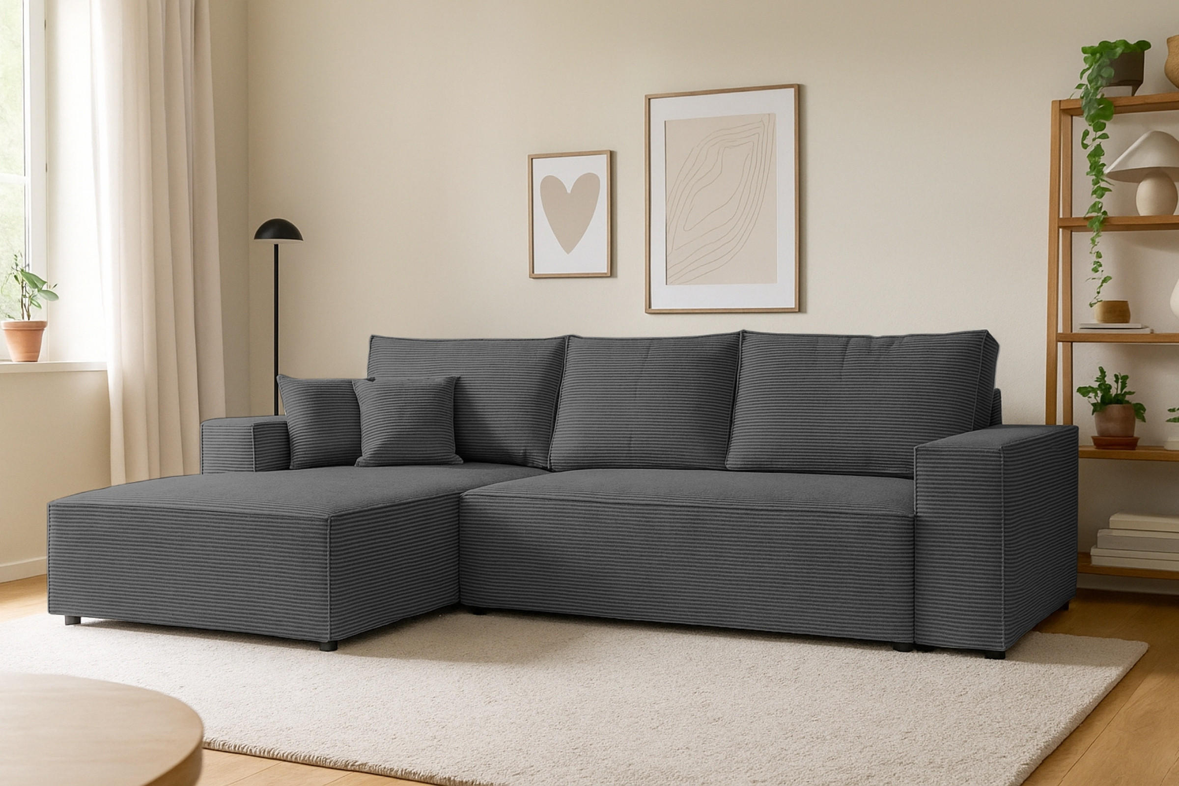 ECKSOFA MARCO 294/185 in Cord Anthrazit mit Schlaffunktion links - Anthrazit, Holz/Holzwerkstoff (294/185cm) - Deine Möbel 24
