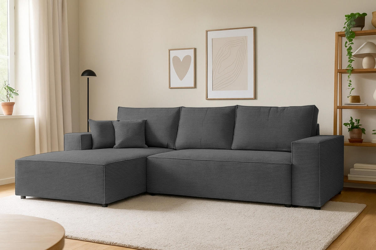 ECKSOFA MARCO 294/185 in Cord Anthrazit mit Schlaffunktion links - Anthrazit, Holz/Holzwerkstoff (294/185cm) - Deine Möbel 24
