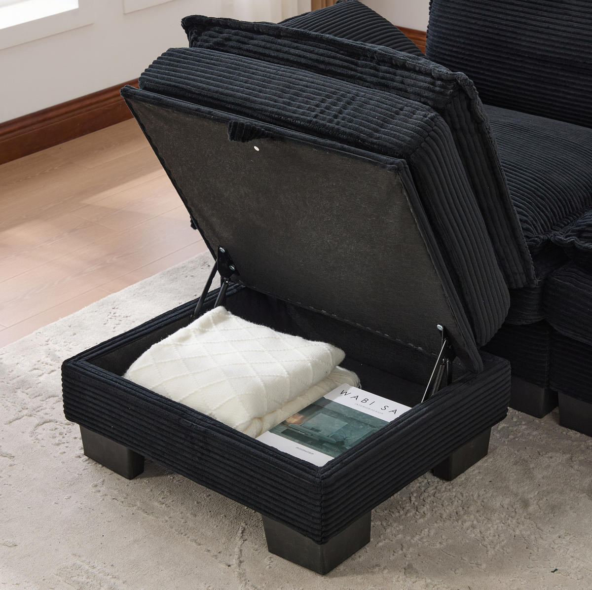 ECKSOFA aus Corduroy 190x132x84 cm in Schwarz mit Hocker & USB-C - Schwarz, Textil (132/190cm) - Modfu