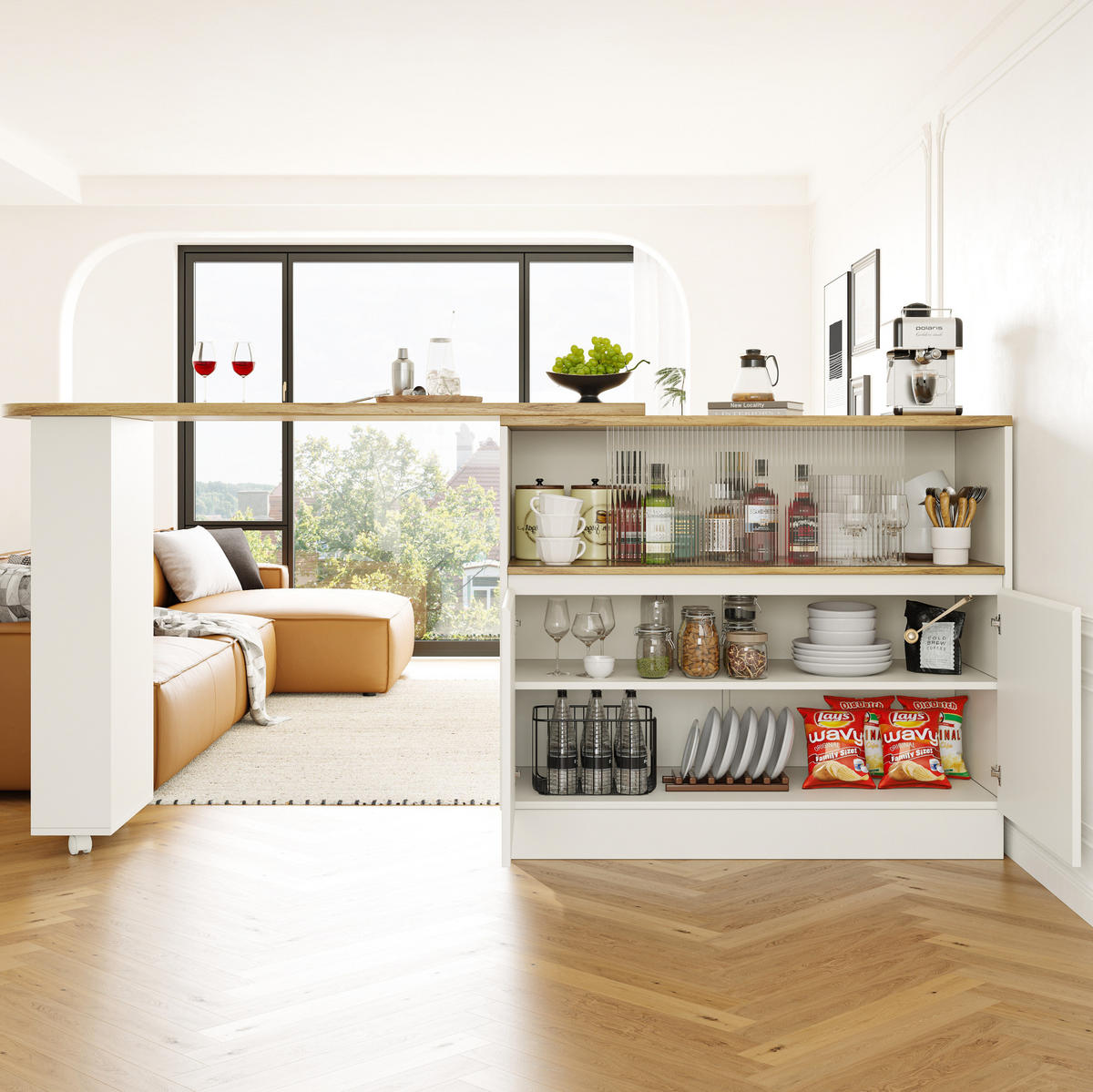 BAROVÁ skříňka 90/45/100 cm bílá z MDF s otočným designem 360° a skleněnými dveřmi - bílá, kompozitní dřevo (90/45/100cm) - OKWISH