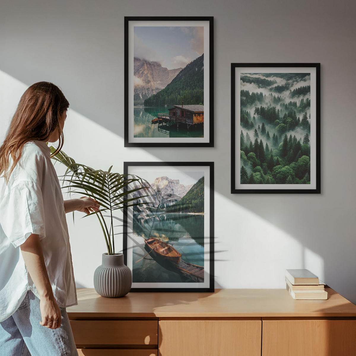 WANDBILDER 3er-Set - 40x60 cm Schwarzer Rahmen - Bergsee, Boot, Waldnebel - Schwarz, Kunststoff (40/60cm) - ArtPrintCave