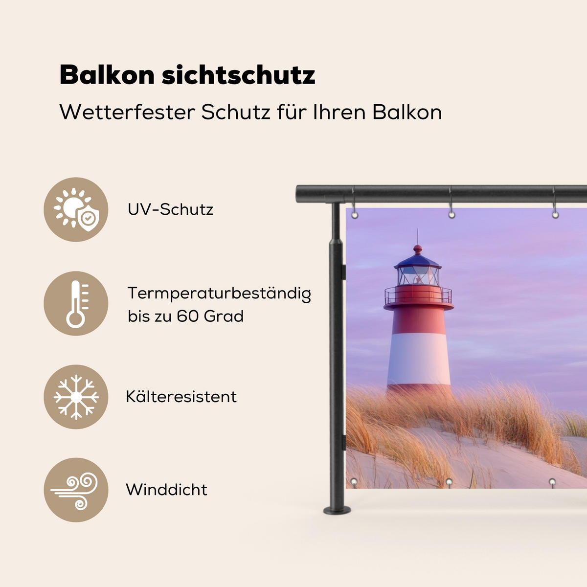 BALKON-SICHTSCHUTZ Leuchtturm - Dünen - Sonnenuntergang 200x90 cm - Hellrosa, Kunststoff (200/90cm) - MuchoWow