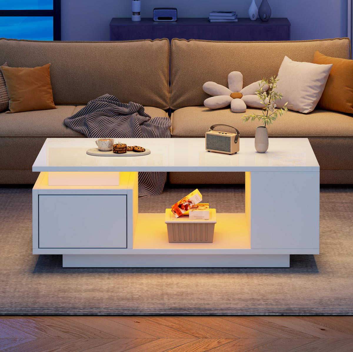 COUCHTISCH aus Spanplatte 100x50x36 cm in Weiß mit LED-Beleuchtung & Schublade - Weiß, Holzwerkstoff (100/50/36cm) - Modfu
