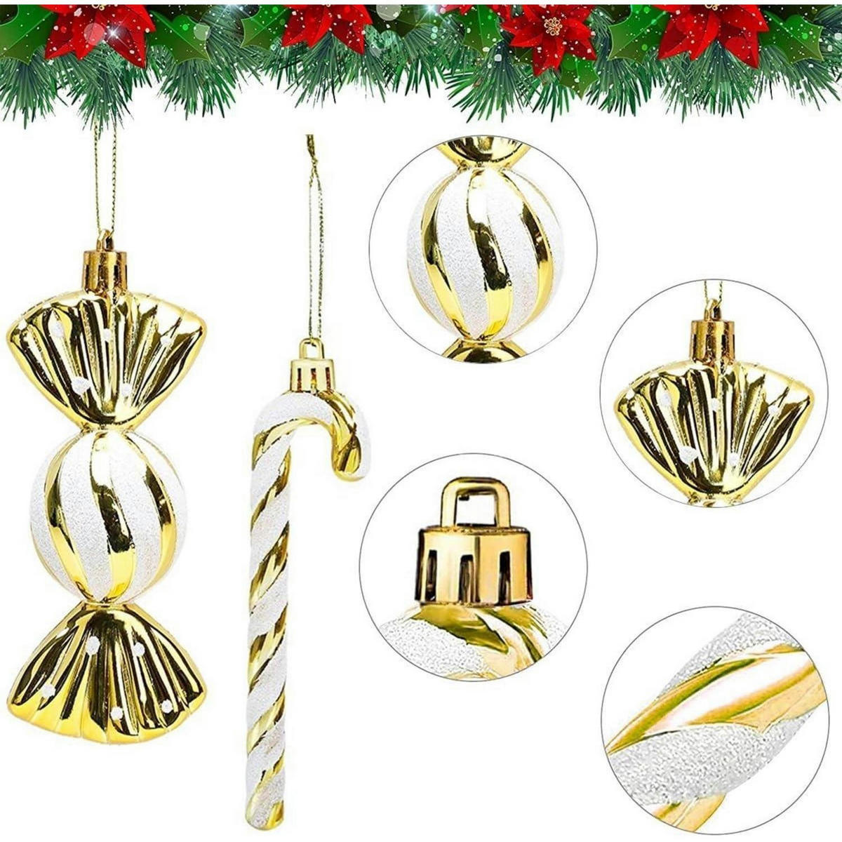 WEIHNACHTSANHÄNGER 18-teiliges Set Zuckerstangen & Kugeln Gold-Weiß - Goldfarben, Kunststoff (5/3/14cm)