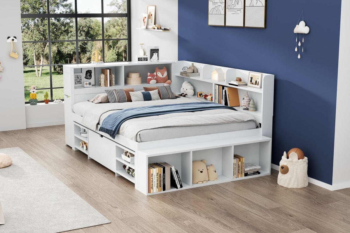 KINDERBETT 140/200 cm Weiß aus Sperrholz mit Stauraum und Lattenrost - Weiß, Holz (140/200cm) - OKMYHOME