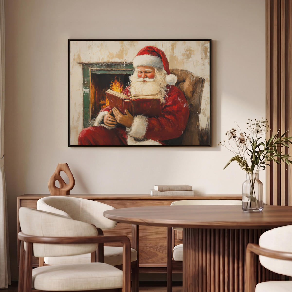 LEINWAND Bilder mit Rahmen - Weihnachten - Weihnachtsmann - Winter - Open Fireside - 100x70 - Dunkelrot, Textil (100/70cm) - MuchoWow