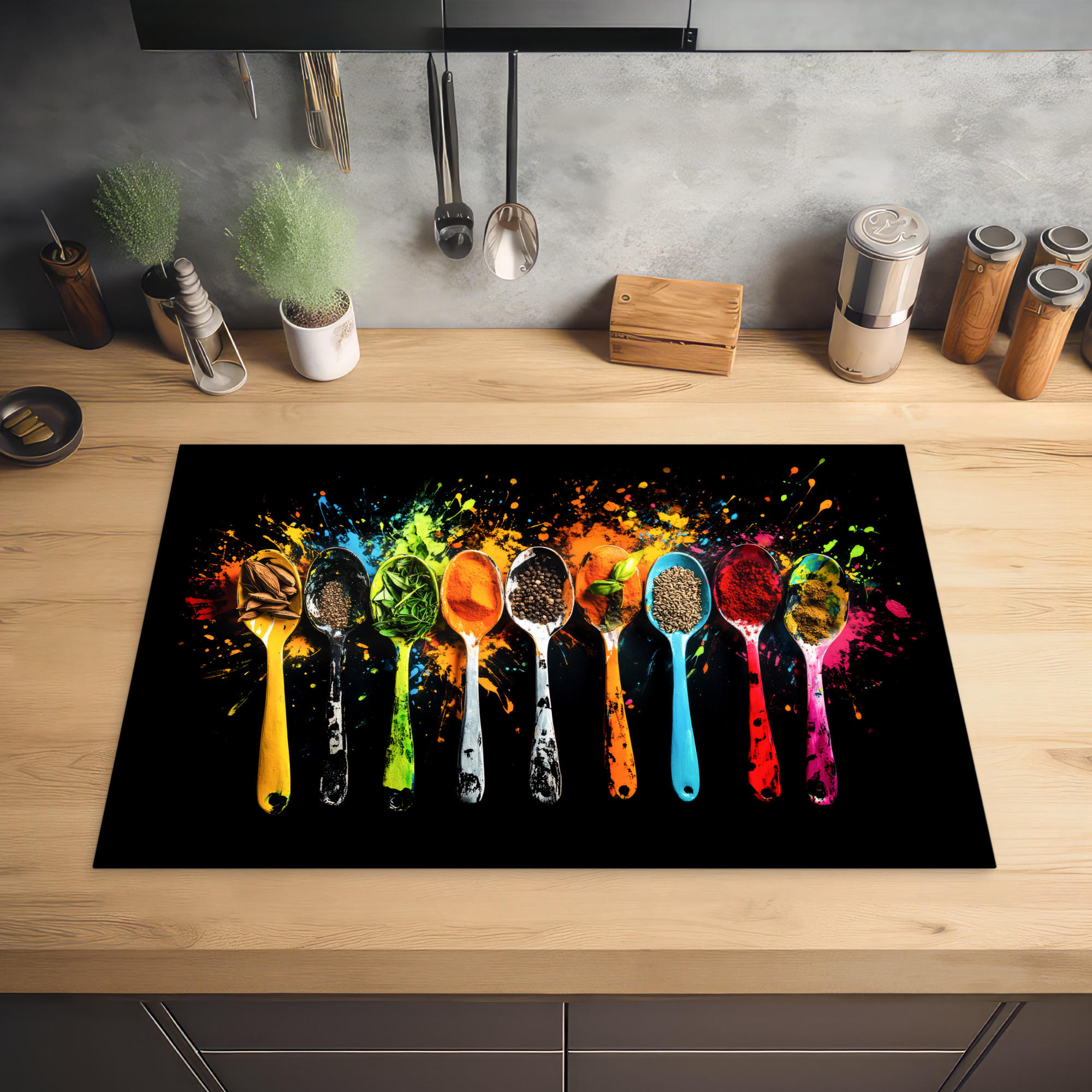 HERDABDECKPLATTE Löffel - Gewürze - Modern - Graffiti - Farbe - Farbenfroh 78x52 cm - Multicolor, Kunststoff (78/0.2/52cm) - MuchoWow