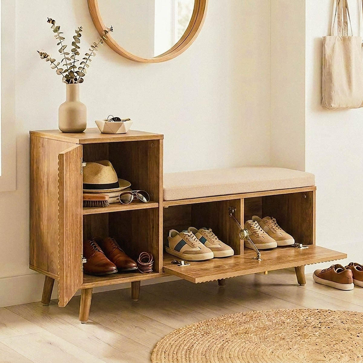 SCHUHBANK mit 2 Türen und lamellierten fronten L101/39/59 cm - Eschefarben, Holzwerkstoff (39/59/45cm) - Calicosy
