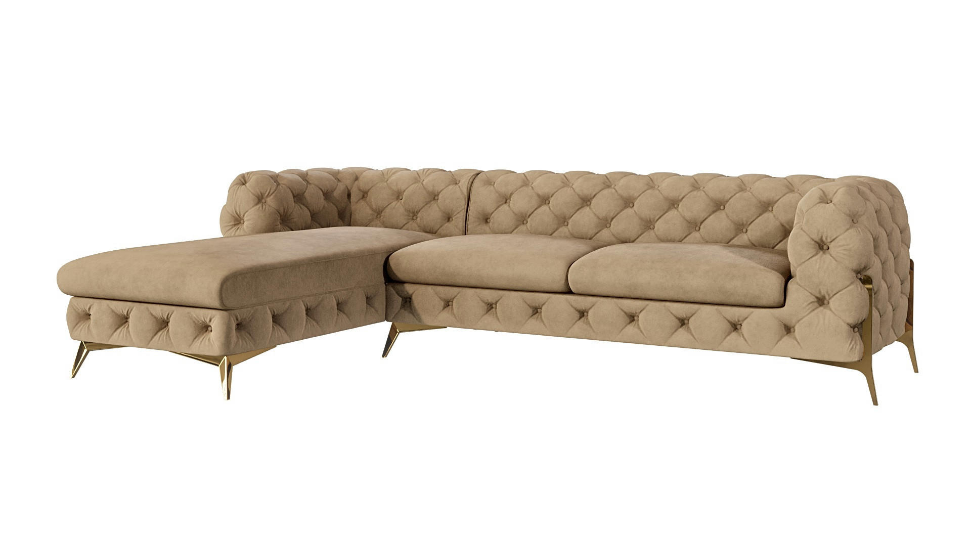 S-Style CHESTERFIELD ROHOVÁ SEDAČKA Lexi v béžové se zlatými nohami - otomán vlevo