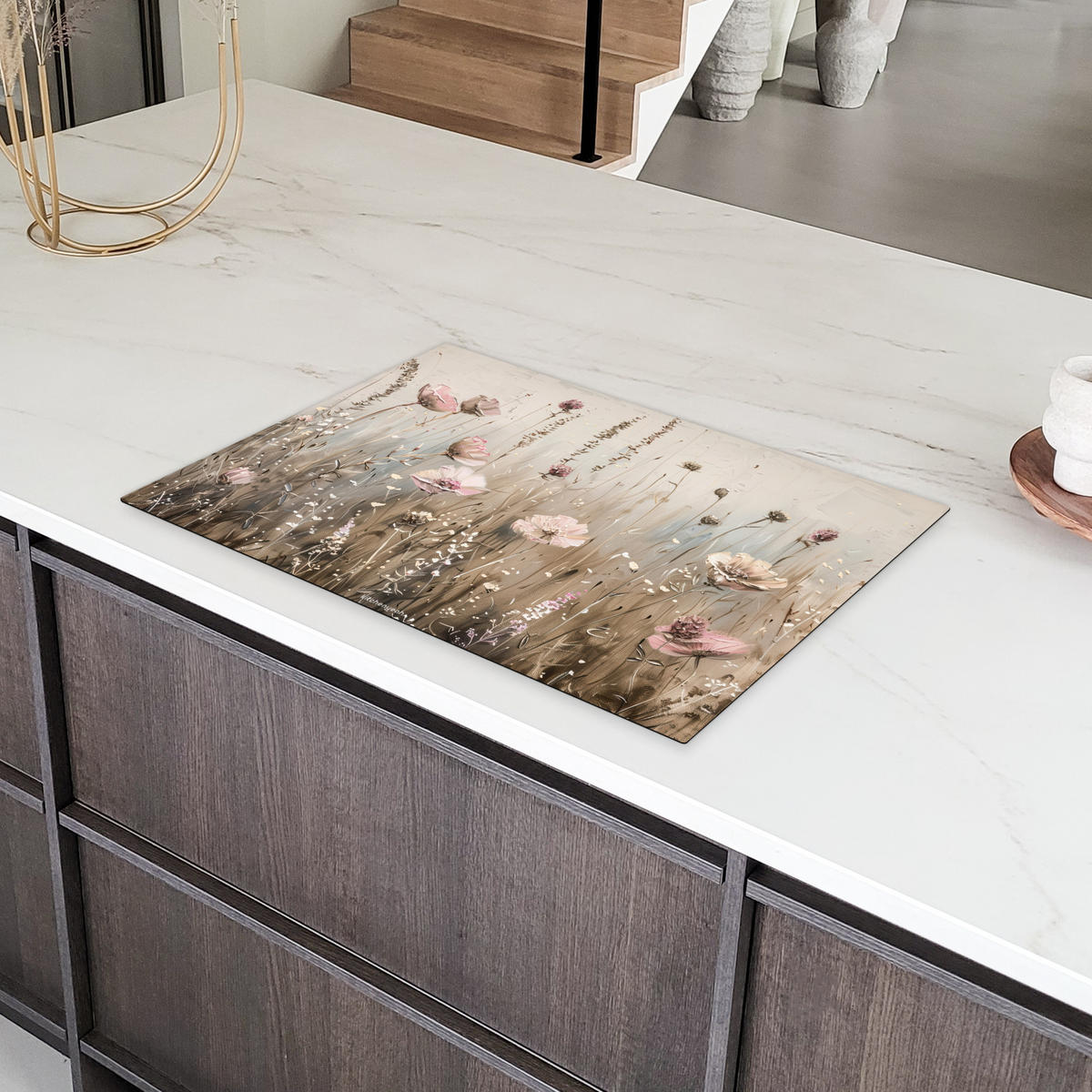 HERDABDECKPLATTE Blumen - Beige - Trockenblumen Ceranfeldabdeckung 76x51.5 cm - Beige, Kunststoff (76/51.5/0.2cm) - MuchoWow