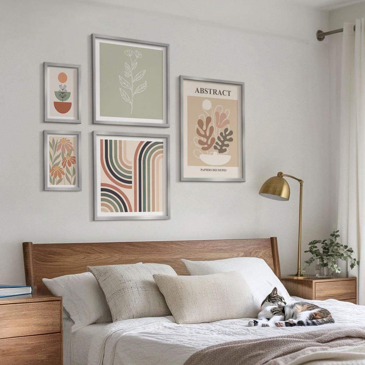 BILDER SET 5er Set - 50x50 cm & 20x30 cm & 40x60 cm Silberner Rahmen - Abstrakte Pastellpflanzen - Silberfarben, Kunststoff (40/60cm) - TULUP