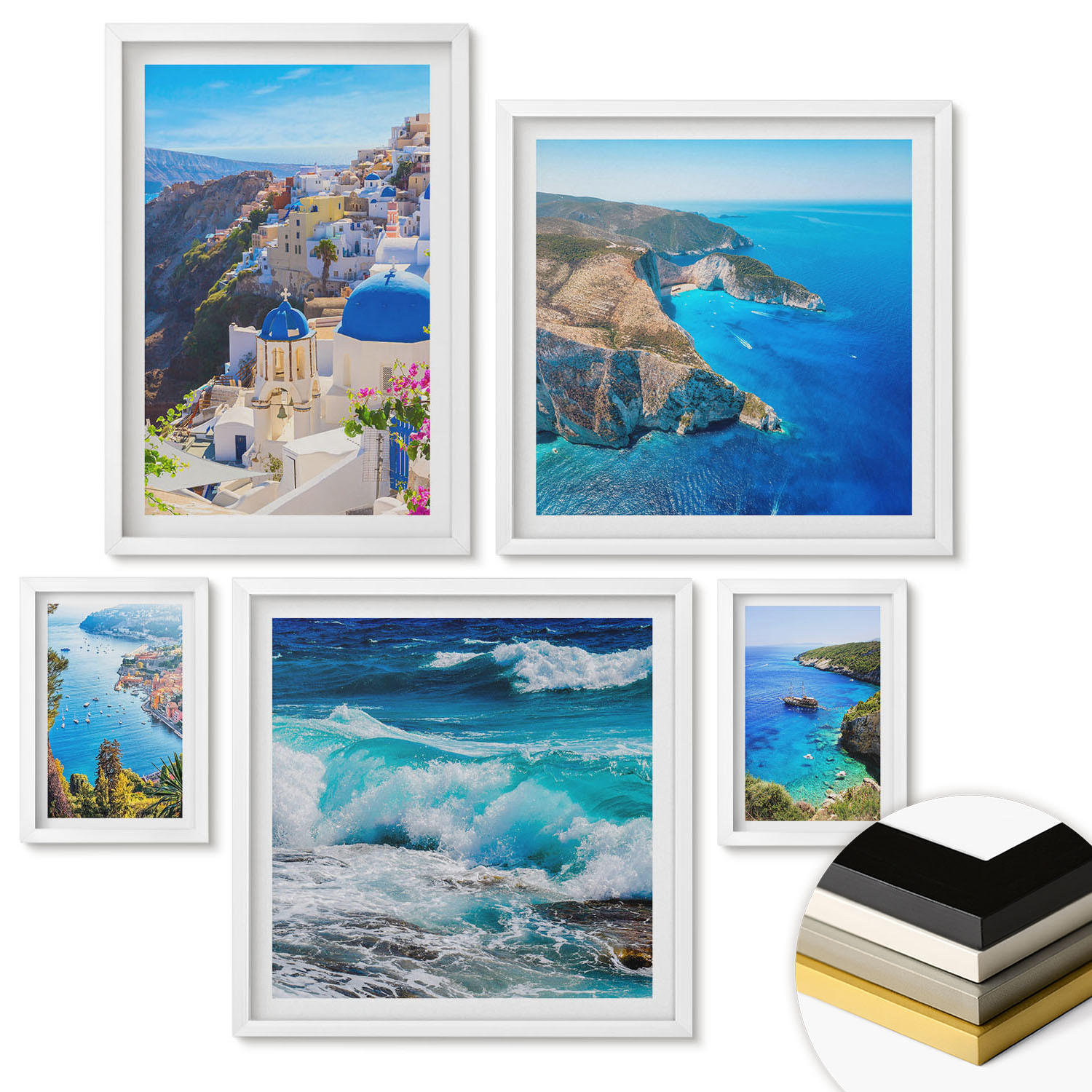 WANDBILDER 5er-Set - 50x50 cm & 20x30 cm & 40x60 cm Weißer Rahmen - Griechische Ansichten von Santorin Oia - Weiß, Kunststoff (40/60cm) - ArtPrintCave