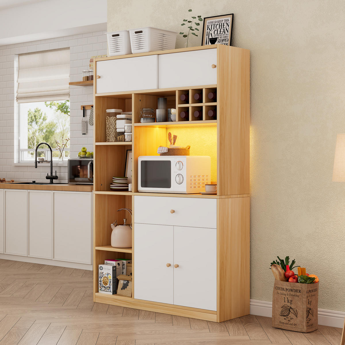 KÜCHENSCHRANK 115x35x180 cm, LED-Beleuchtung, 1 Schublade, 3 Türen, Weiß/Natur - Weiß, Holzwerkstoff (115/180/35cm) - FOHERE
