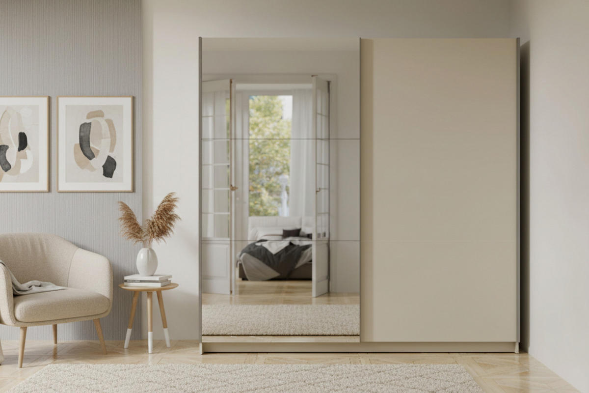 SCHWEBETÜRENSCHRANK ARLO I 150/207 cm in Sandbeige mit Spiegel - Beige, Holzwerkstoff (151/59/207cm) - Deine Möbel 24