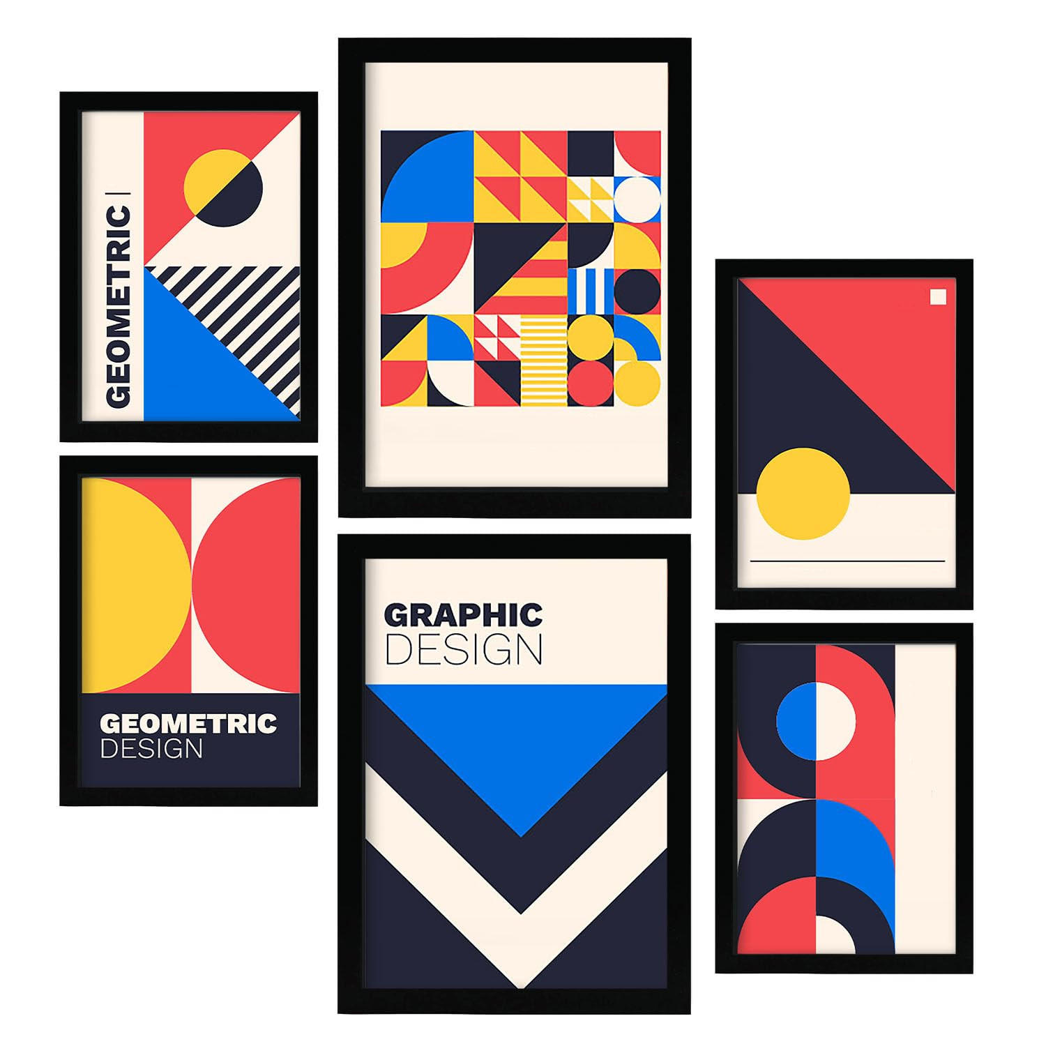 POSTER Set Mit 6 Drucken Im Bauhaus 1 Geometrische Designkollektion Drucke Mit Ästhetische Dekorative Rahmen Für Zuhause A3 & A4 Schwarzer Rahmen - Schwarz, Papier (29/3cm) - Nacnic