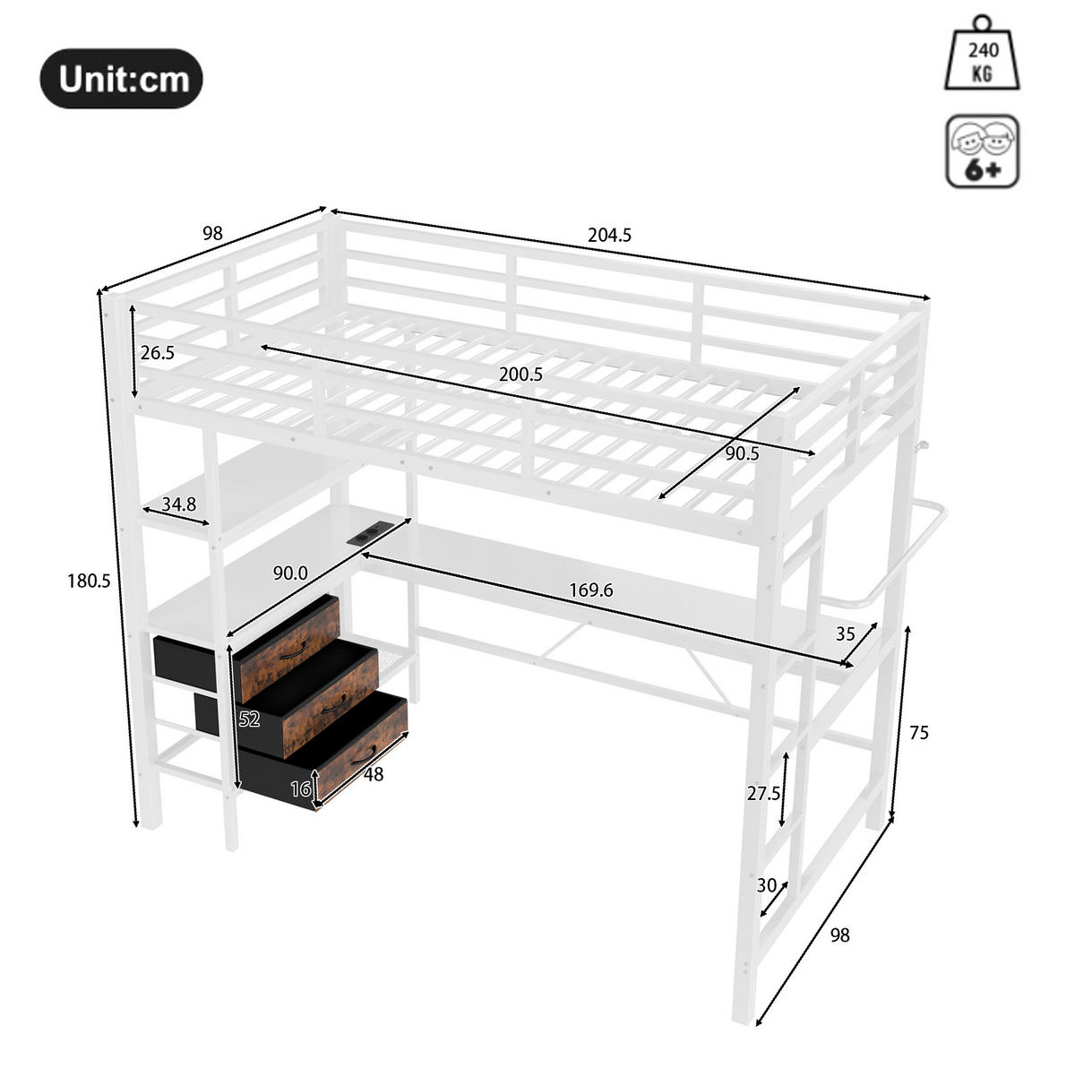 HOCHBETT 90/200 cm aus Metall mit LED-Beleuchtung, Schreibtisch, Steckdose, USB, 3 Schubladen und Regal, Weiß - Weiß, Metall (90/200cm) - Redom
