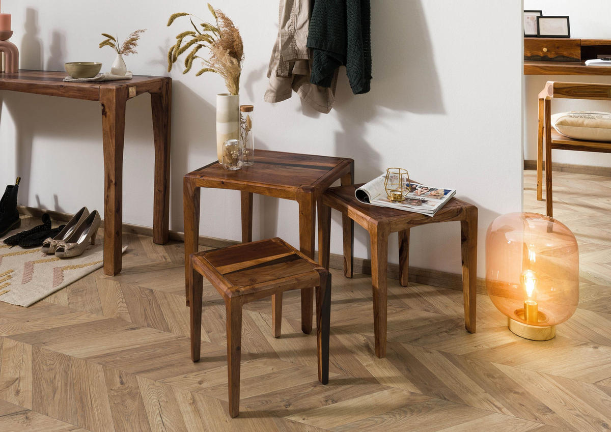 BEISTELLTISCH 3er-Set Sheesham 50x50 / 40x40 / 31,5 x34 dunkelbraun lackiert ANCONA #251 - Dunkelbraun, Holz (50/50/50cm) - Massivmoebel24