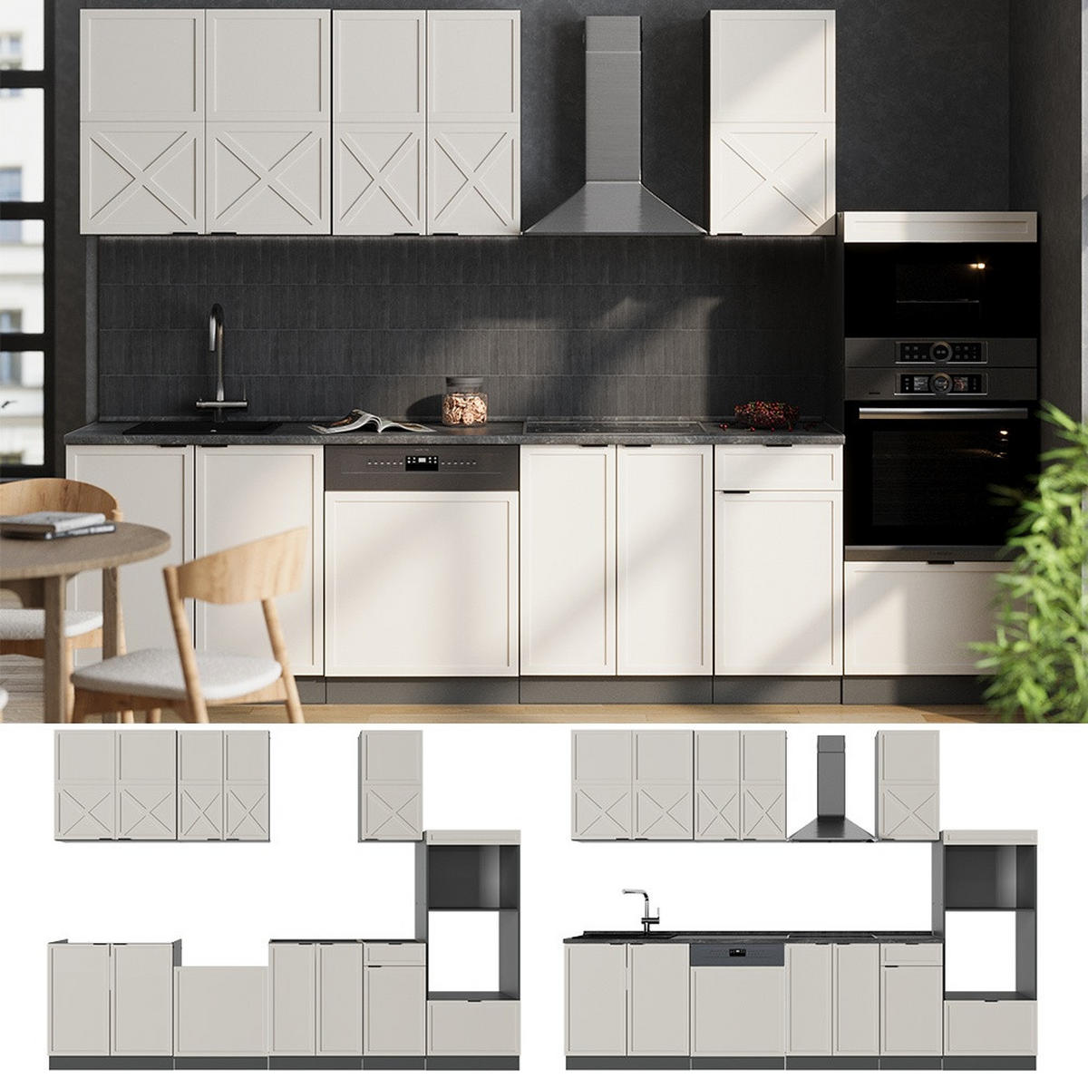 KUHINJSKI BLOK Fame-Line Siva/bežna/antracitna 300 cm z visoko omaro, DP Marmor - sivobež/antracit, leseni material (300/153.6/60cm) - Vicco