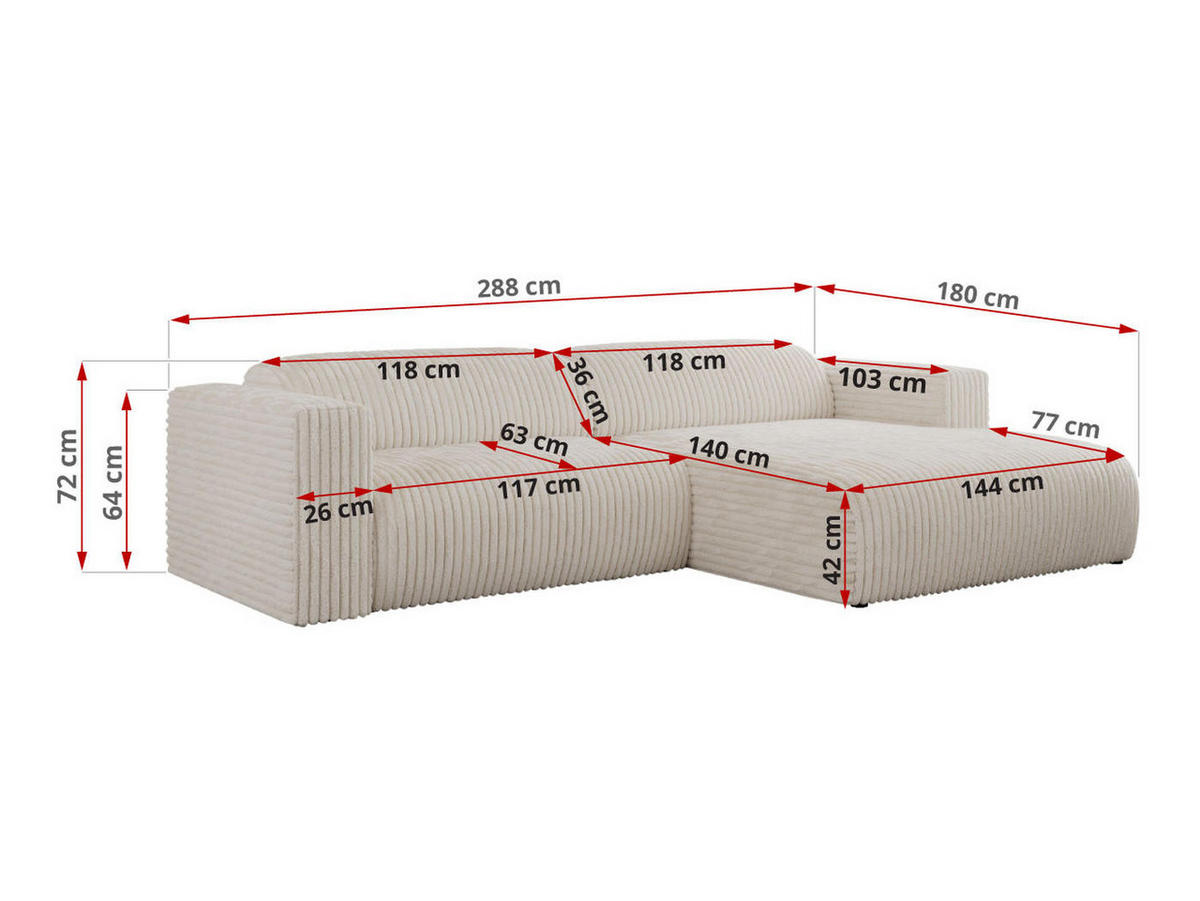 ECKSOFA PASADENA Beige Cord - Rechts Seite - Beige/Schwarz, Kunststoff/Textil (180/288cm) - MKS