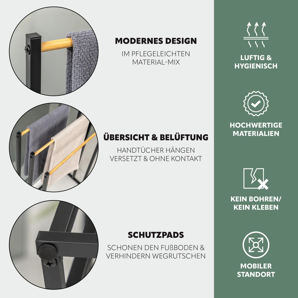 STAND-HANDTUCHHALTER, Bambus/Metall schwarz - Schwarz, Metall (45.5/76.5/22cm) - eluno