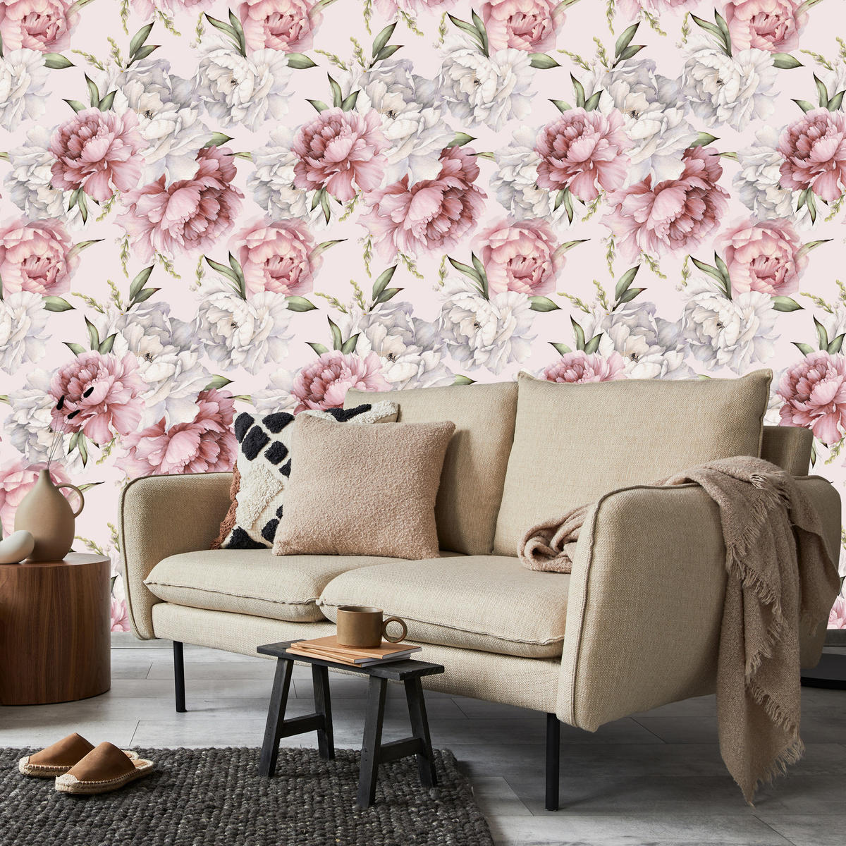 VLIESTAPETE Rosa Pfingstrosen – Rosa, Grün, Creme – 50x1000 cm - Creme/Rosa, Papier (50/1000cm) - Muralo