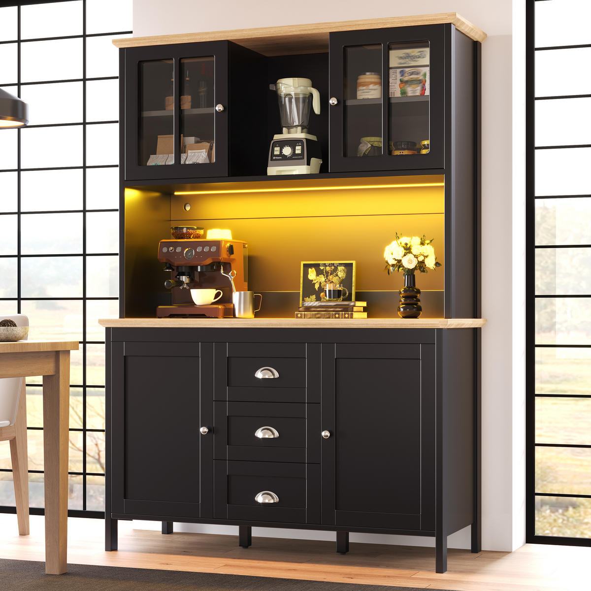 KÜCHENSCHRANK LED 120x40x179Cm 4 Türen 3 Schubladen - Schwarz, Metall (120/179/40cm) - FLIEKS