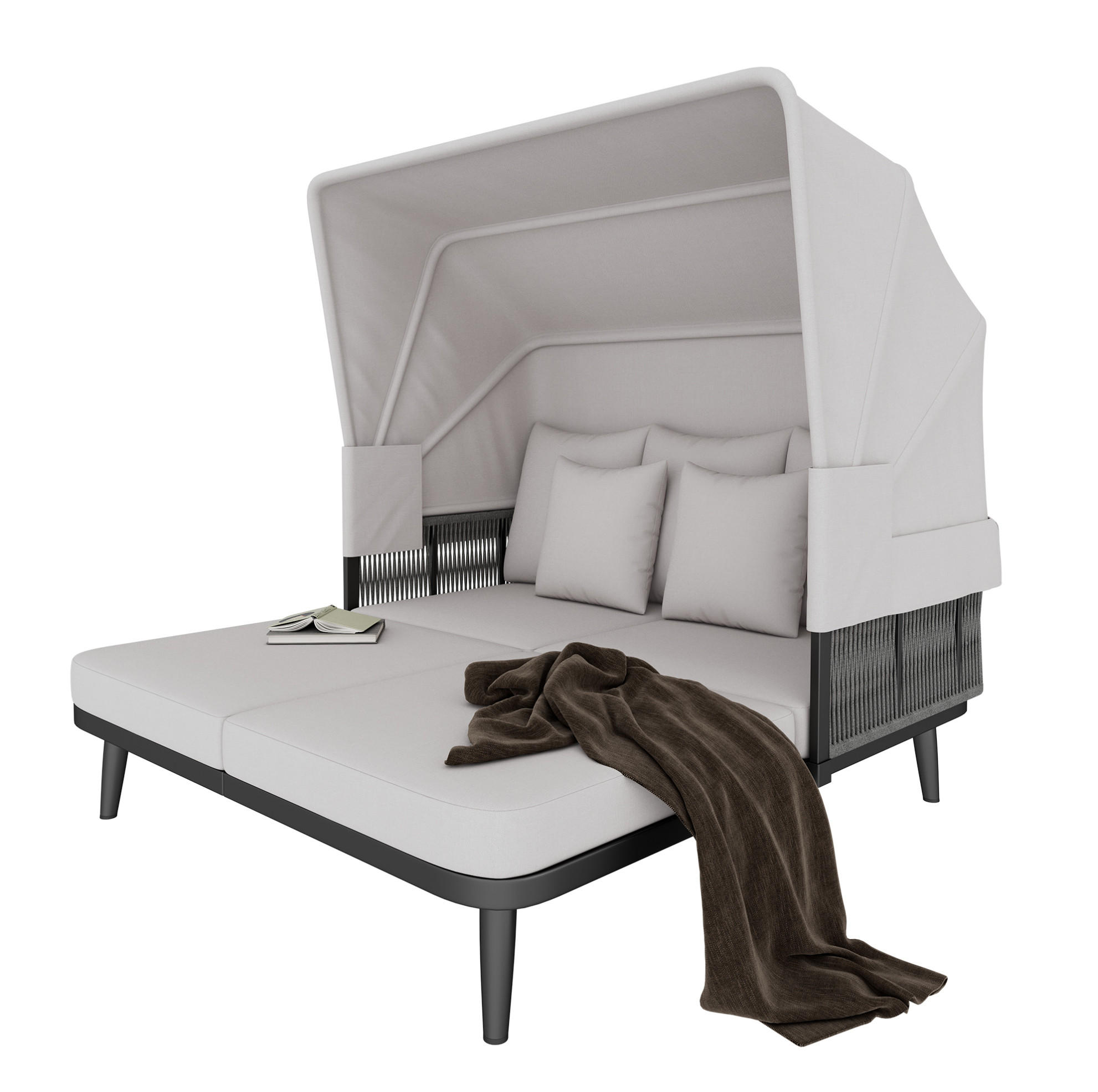 GARTENLIEGE 146/152/145 cm für 2 Personen grau aus Polyester mit Markise und Kissen - Grau, Textil (152/145/146cm) - OKWISH