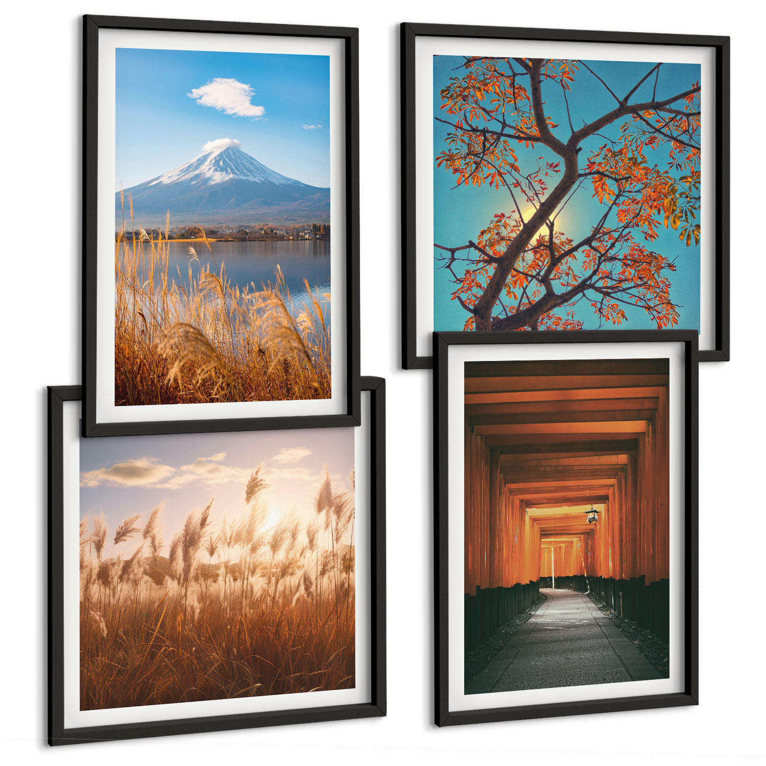 BILDER SET 4er Set - 50x50 cm & 40x60 cm Schwarzer Rahmen - Japanische Naturlandschaften - Schwarz, Kunststoff (50/50cm) - TULUP