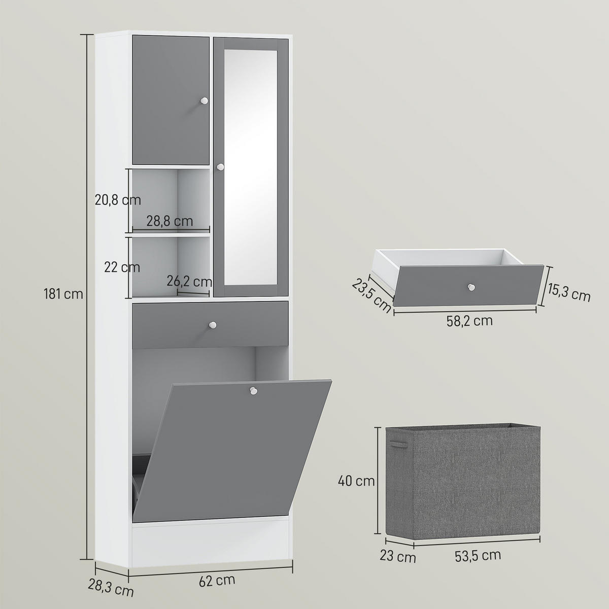 HOCHSCHRANK DE-12463 62/28/181 cm mit Spiegel und Wäschekorb Grau - Grau, Holzwerkstoff (62/181/28.3cm) - ComfortXL