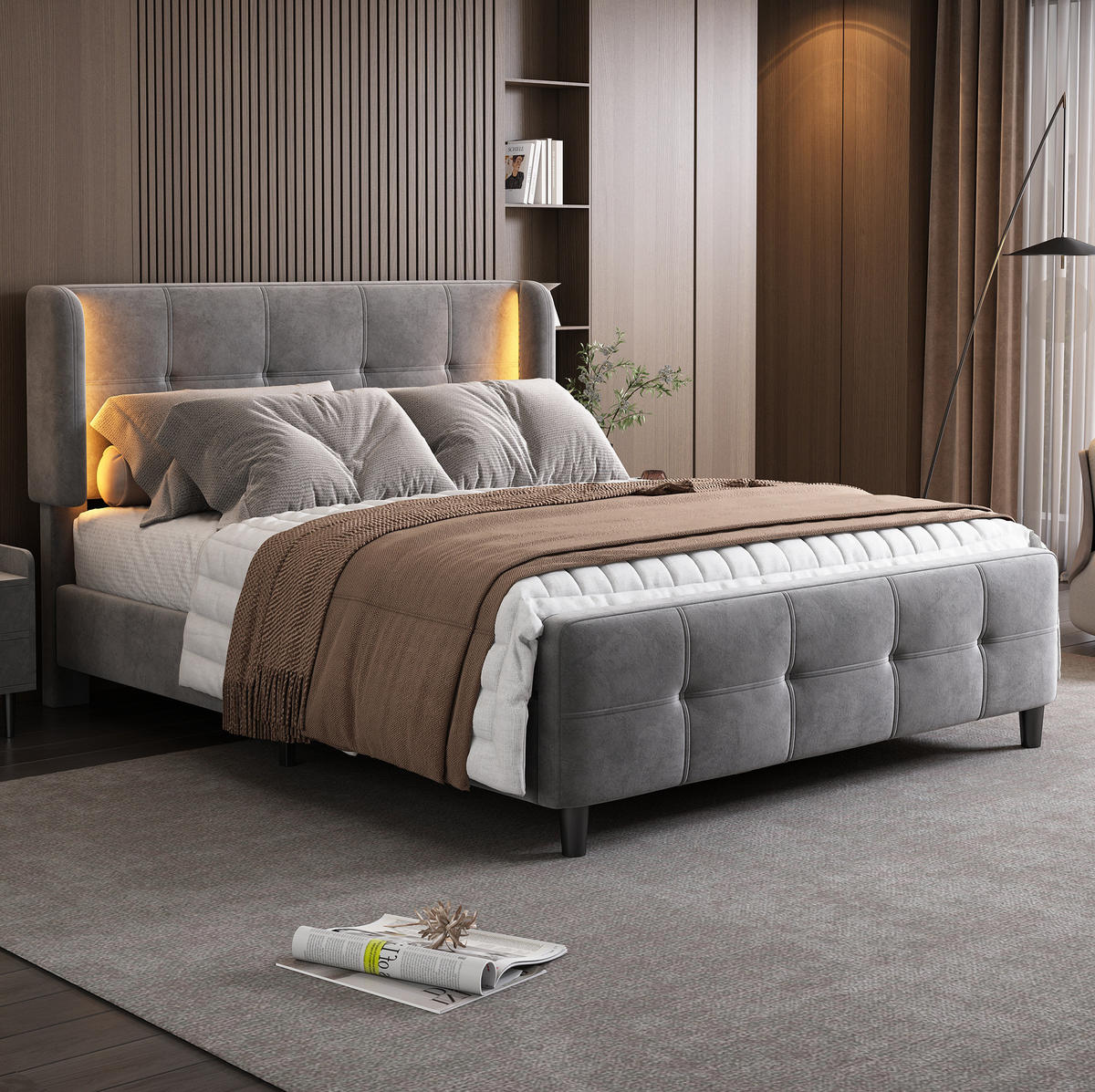 ČALÚNENÁ posteľ z zamatu 140x200 cm sivá s 16-farebným LED osvetlením, prešívaným čelom a nastaviteľným čelom - sivá, textil (140/200cm) - Modfu
