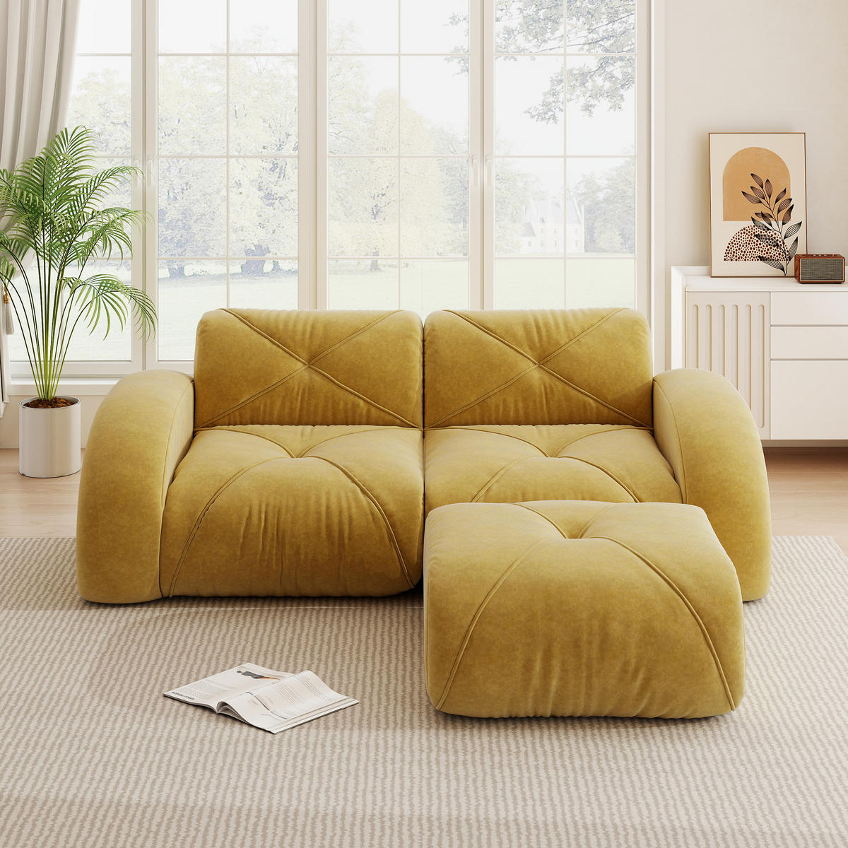 2-SITZER ECKSOFA Chenille Gelb mit Hocker - Gelb, Textil (204/171cm) - WISHDOR