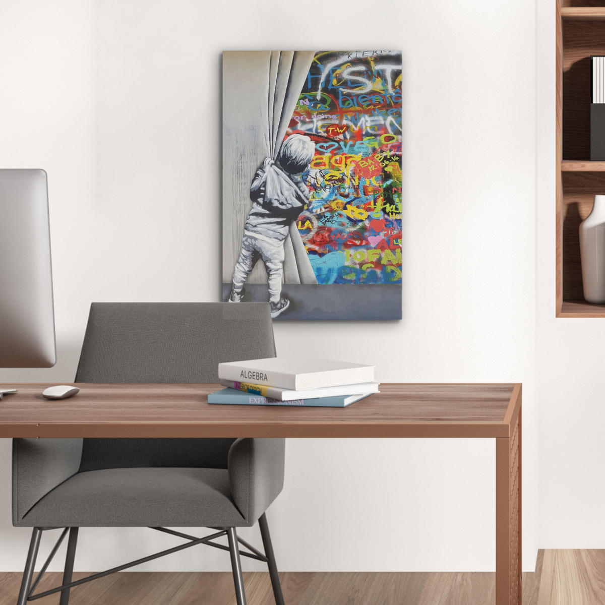 AKUSTIKBILD Graffiti - Junge - Ilussie - Straßenkunst Kunstdruck Schlafzimmer 50x70 cm - Hellgrau, Kunststoff (50/70/0.9cm) - MuchoWow
