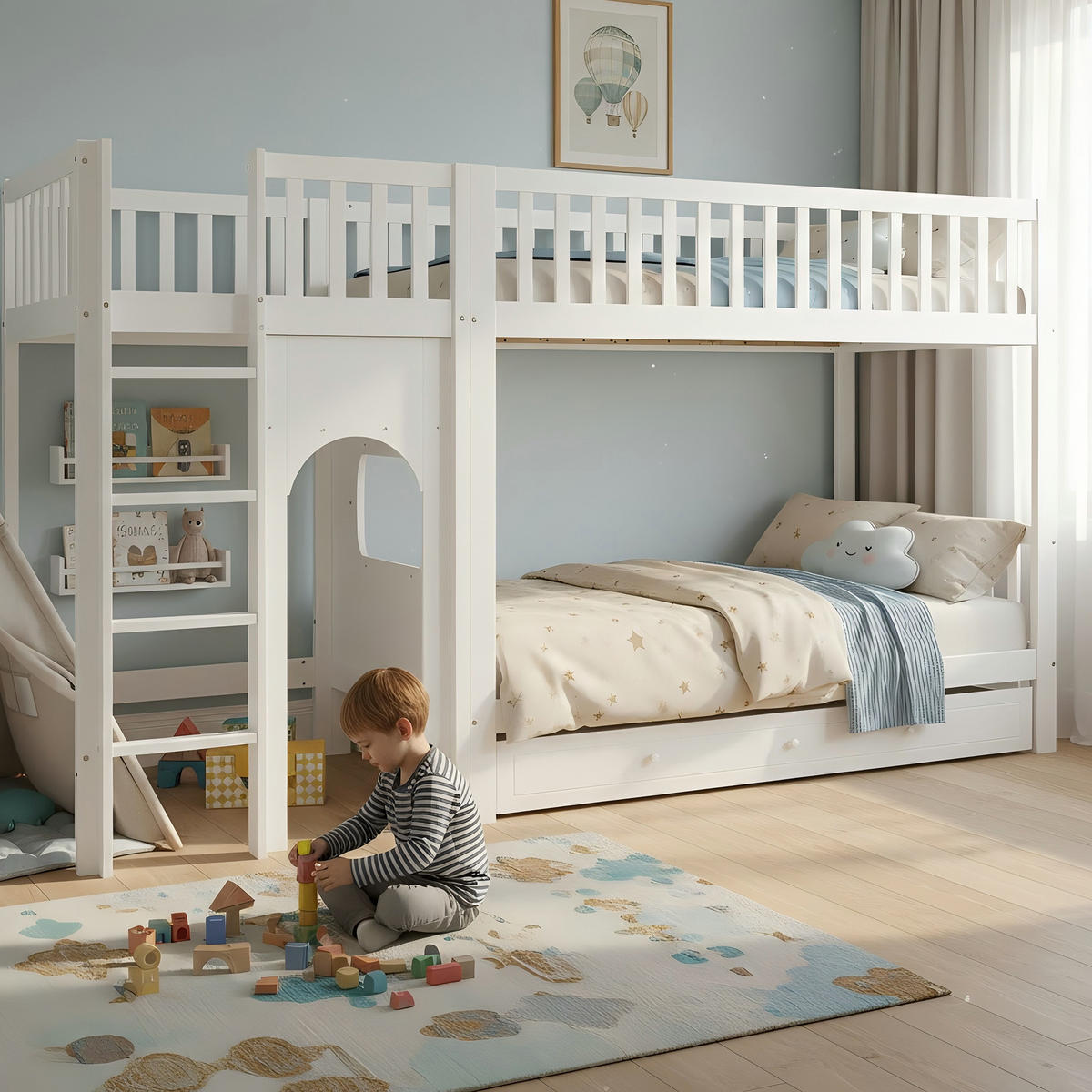 ETAGENBETT Kinder 90x200 cm Weiß/Natur mit 4-stufiger Leiter - Weiß, Holz (90/200cm) - Meubliv