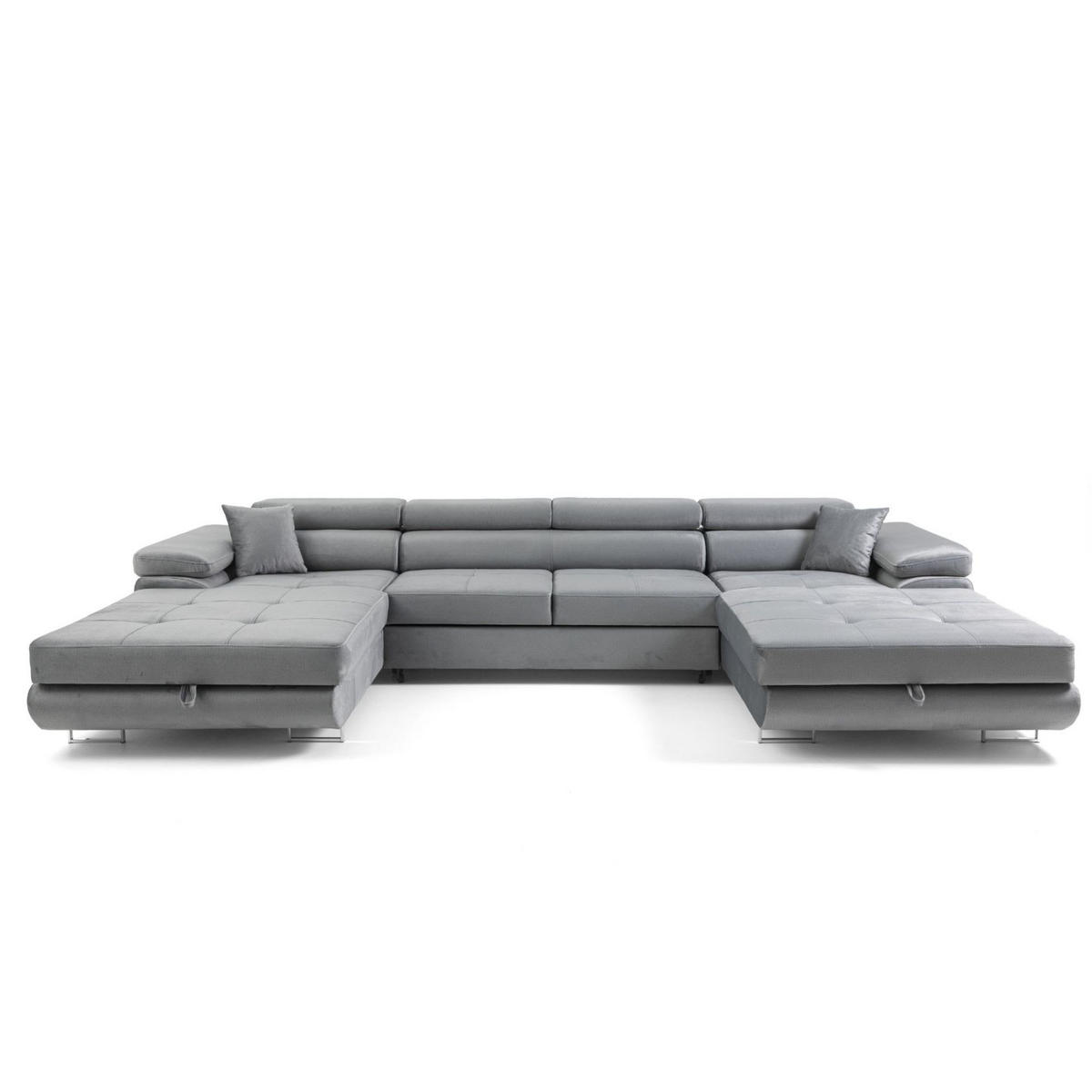 ECKSOFA U-Form ALONZO U mit Schlaffunktion 130x280 Velours Hellgrau - Silberfarben/Hellgrau, Holz/Textil (350/90/203cm) - Muffo