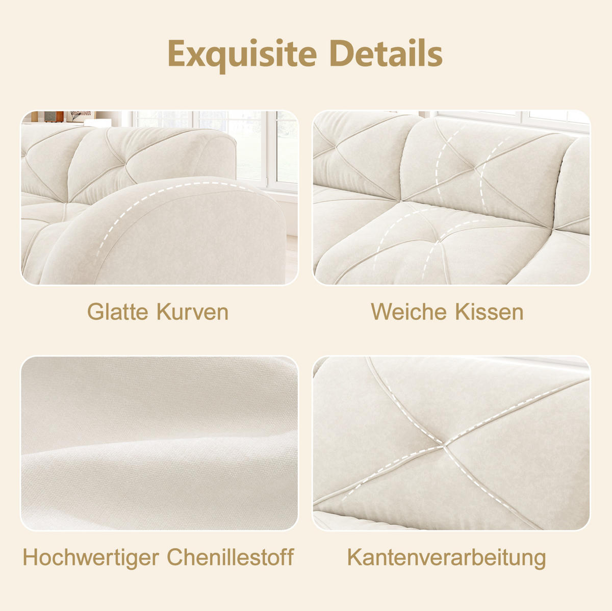 ECKSOFA 358/171/76 cm hellbeige aus Chenille mit modularem Aufbau und Hocker - Beige, Textil (171/358cm) - OKWISH