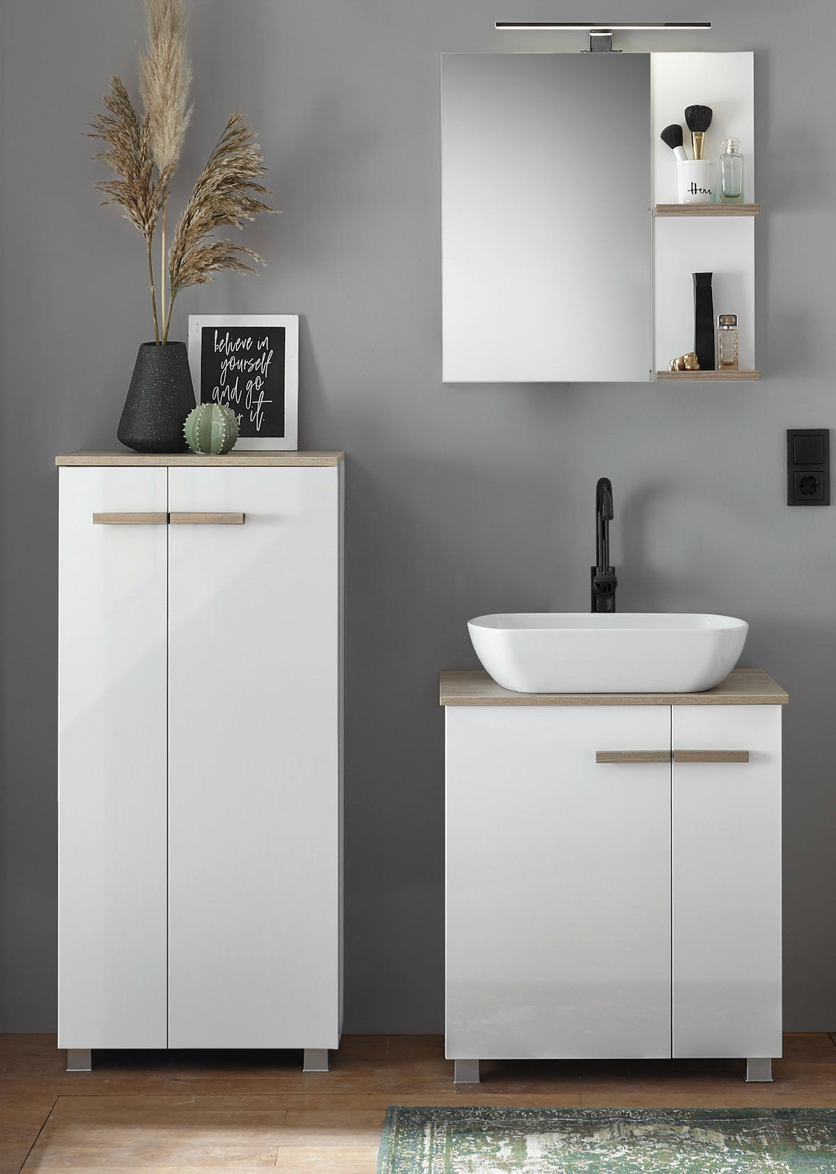 BADMÖBEL-SET weiß Hochglanz Lack, Eiche, Badkombination MIT Waschbecken, Badlampe 130 x 200 cm hängend, stehend - Weiß Hochglanz/Eichefarben, Holzwerkstoff (130/200/40cm) - Furn.Design