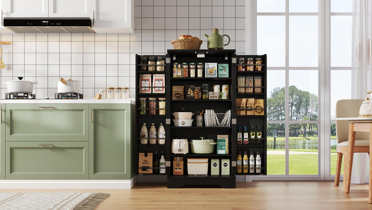 MODERNER Hochschrank aus MDF mit 3D-Wellentüren, LED-Sensorlicht und verstellbaren Regalböden, 120/60/40 cm, Schwarz - Schwarz, Holzwerkstoff (60/120/40cm) - Redom