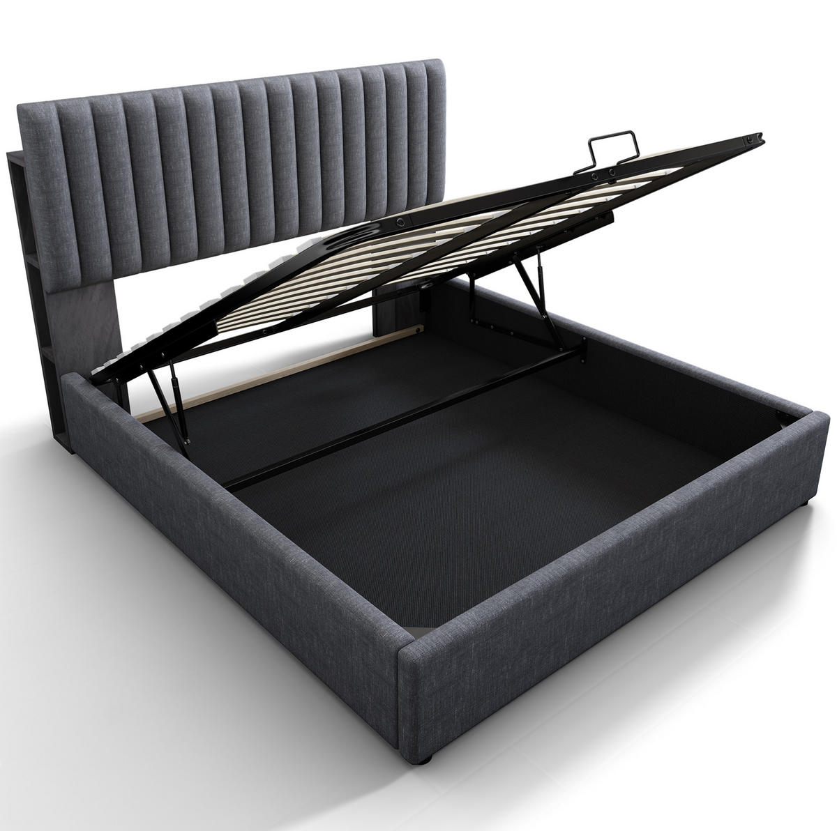 POLSTERBETT 160/200 cm aus Leinen mit LED-Kopfteil, USB- und Type-C-Anschluss, Bettkasten und verstellbarem Kopfteil, Grau - Grau, Textil (160/200cm) - Redom