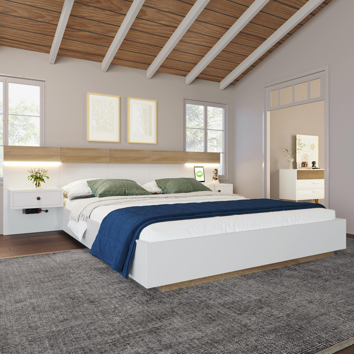 DOPPELBETT 180/200 cm mit 2 LED-Nachtkommoden, USB/Typ-C und EU-Steckdose, bett in Schwebeoptik, Weiß/Sonoma-Eiche - Weiß, Holzwerkstoff (180/200cm) - Redom