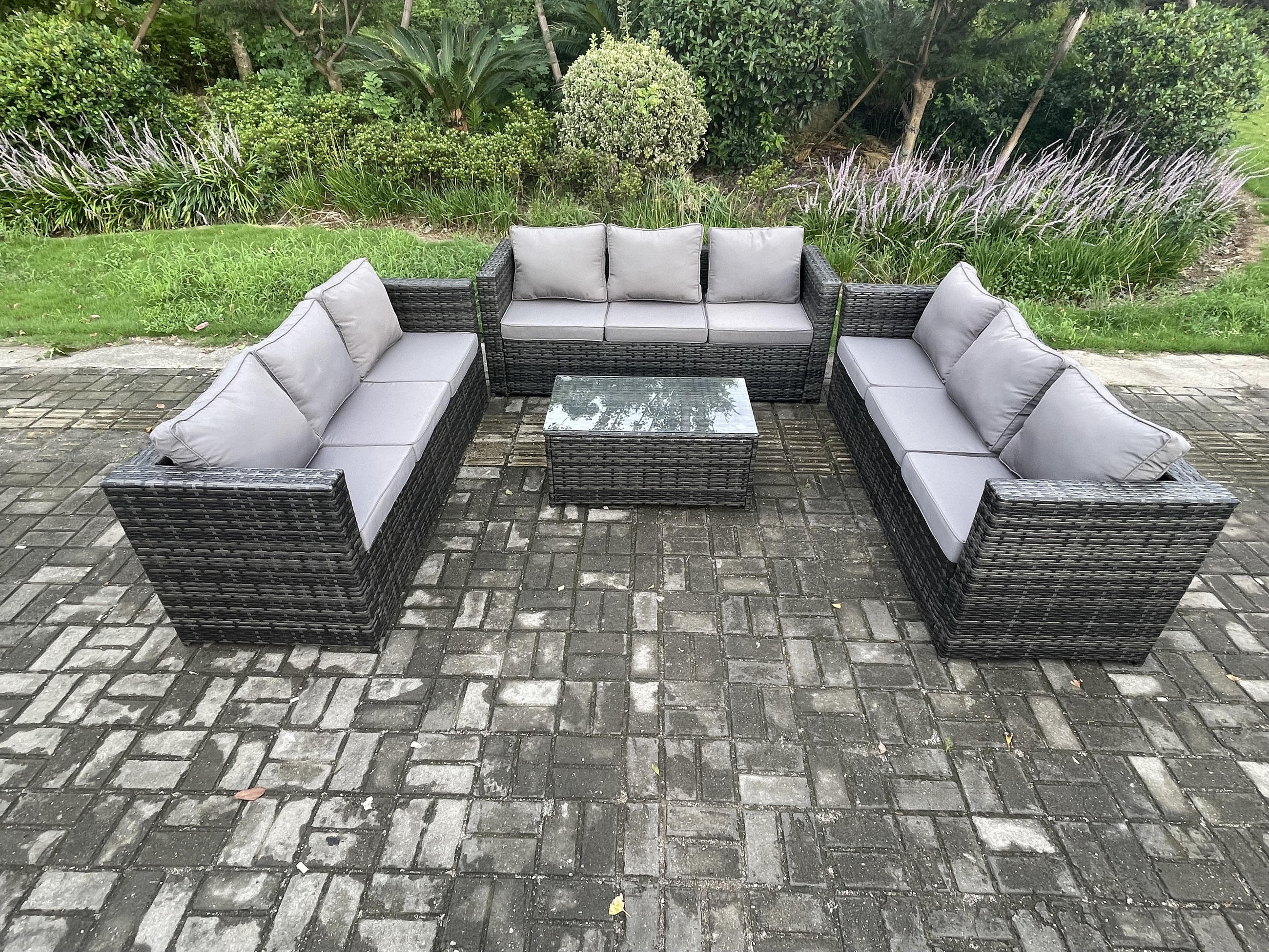 GARTENSET Polyrattan 9-Sitzer - Dunkelgrau, Metall - Fimous