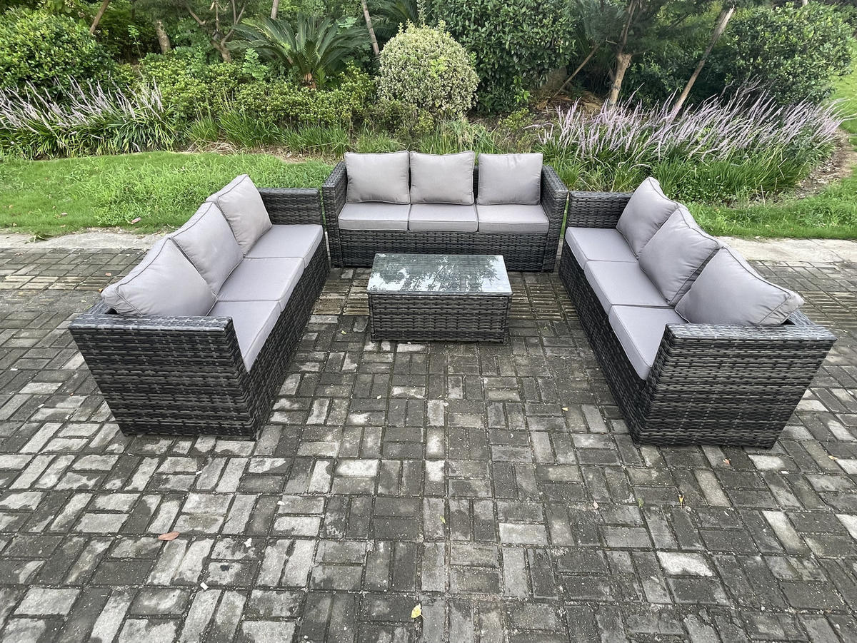 GARTENSET Polyrattan 9-Sitzer - Dunkelgrau, Metall - Fimous