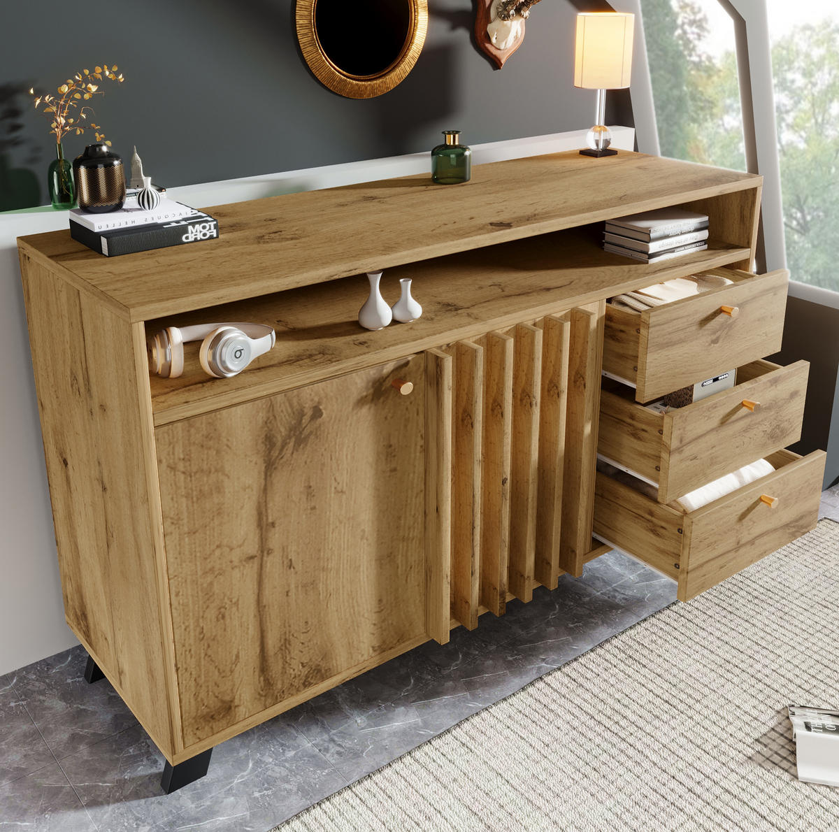 SIDEBOARD aus Holz 120x40x85 cm Dunkle Eiche mit 3 Schubladen, 2 Türen, offenem Fach und Lamellenfront - Braun, Holzwerkstoff (120/85/40cm) - Modfu