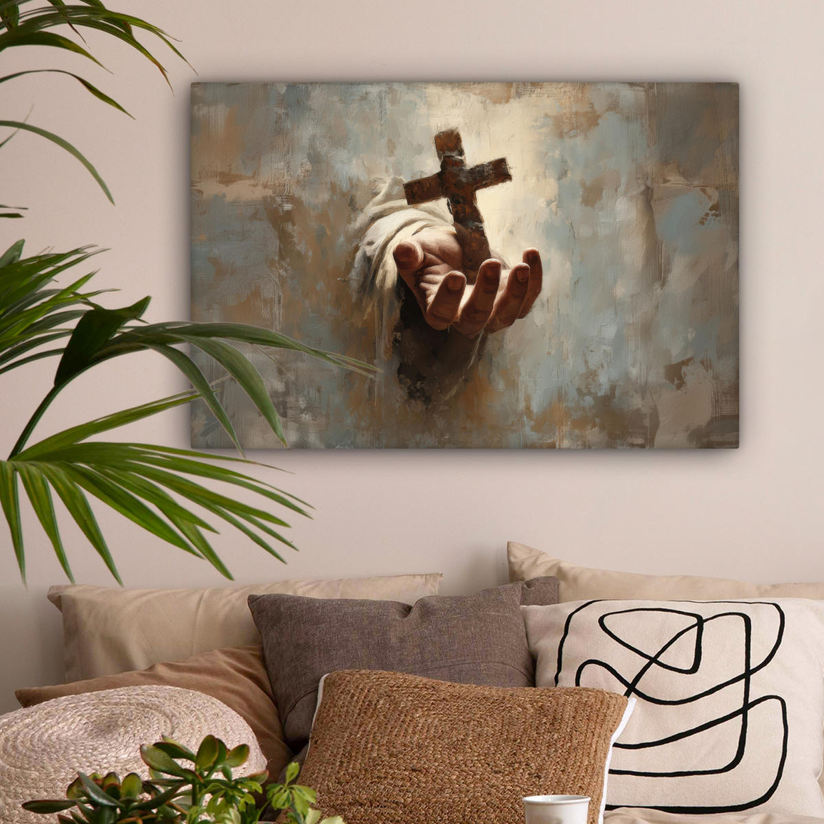 LEINWANDBILD Abstrakt - Kreuz - Hand - Christentum Wanddeko 90x60 cm - Hellbraun, Textil (90/60cm) - MuchoWow